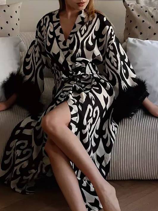 Printed Lace-Up Long Nightgown Homewear