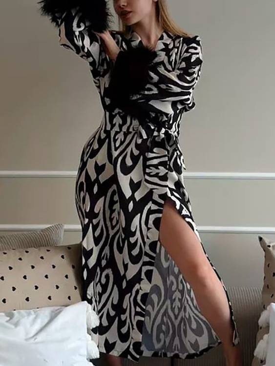 Printed Lace-Up Long Nightgown Homewear