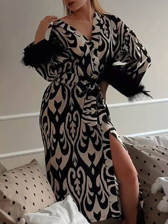 Printed Lace-Up Long Nightgown Homewear