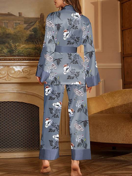 Printed Satin Long-Sleeve Pants Two-Piece Home Wear